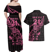 New Zealand Rugby Warrior Custom Couples Matching Off Shoulder Maxi Dress and Hawaiian Shirt Pink Fern Taniko Motif