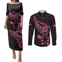 New Zealand Rugby Warrior Custom Couples Matching Puletasi and Long Sleeve Button Shirt Pink Fern Taniko Motif