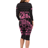 New Zealand Rugby Warrior Custom Family Matching Long Sleeve Bodycon Dress and Hawaiian Shirt Pink Fern Taniko Motif