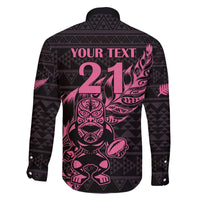 New Zealand Rugby Warrior Custom Family Matching Off The Shoulder Long Sleeve Dress and Hawaiian Shirt Pink Fern Taniko Motif