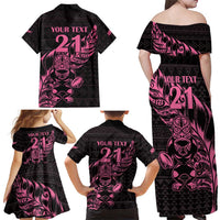 New Zealand Rugby Warrior Custom Family Matching Off Shoulder Maxi Dress and Hawaiian Shirt Pink Fern Taniko Motif