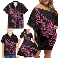 New Zealand Rugby Warrior Custom Family Matching Off Shoulder Short Dress and Hawaiian Shirt Pink Fern Taniko Motif