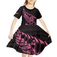 New Zealand Rugby Warrior Custom Kid Short Sleeve Dress Pink Fern Taniko Motif LT9 - Polynesian Pride