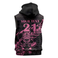 New Zealand Rugby Warrior Custom Sleeveless Zip Hoodie Pink Fern Taniko Motif - Polynesian Pride