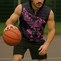 New Zealand Rugby Warrior Custom Sleeveless Zip Hoodie Pink Fern Taniko Motif LT9 - Polynesian Pride