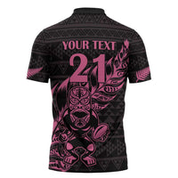 New Zealand Rugby Warrior Custom Zipper Polo Shirt Pink Fern Taniko Motif - Polynesian Pride