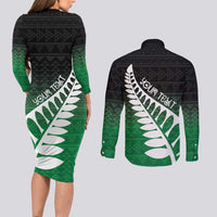 Green Silver Fern Spirit Taniko Tukutuku Personalised Couples Matching Long Sleeve Bodycon Dress and Long Sleeve Button Shirt LT9 - Polynesian Pride