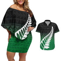 Green Silver Fern Spirit Taniko Tukutuku Personalised Couples Matching Off Shoulder Short Dress and Hawaiian Shirt