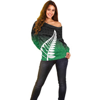 Green Silver Fern Spirit Taniko Tukutuku Personalised Off Shoulder Sweater