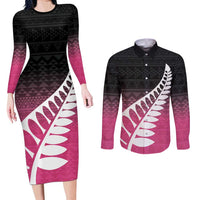 Pink Silver Fern Spirit Taniko Tukutuku Personalised Couples Matching Long Sleeve Bodycon Dress and Long Sleeve Button Shirt LT9 Pink - Polynesian Pride