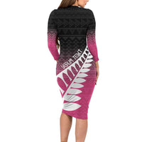 Pink Silver Fern Spirit Taniko Tukutuku Personalised Family Matching Long Sleeve Bodycon Dress and Hawaiian Shirt LT9 - Polynesian Pride