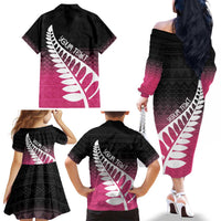 Pink Silver Fern Spirit Taniko Tukutuku Personalised Family Matching Off The Shoulder Long Sleeve Dress and Hawaiian Shirt LT9 - Polynesian Pride