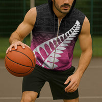 Pink Silver Fern Spirit Taniko Tukutuku Personalised Sleeveless Zip Hoodie - Polynesian Pride