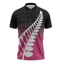 Pink Silver Fern Spirit Taniko Tukutuku Personalised Zipper Polo Shirt - Polynesian Pride