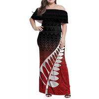Red Silver Fern Spirit Taniko Tukutuku Personalised Family Matching Off Shoulder Maxi Dress and Hawaiian Shirt