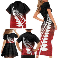 Red Silver Fern Spirit Taniko Tukutuku Personalised Family Matching Short Sleeve Bodycon Dress and Hawaiian Shirt LT9 - Polynesian Pride