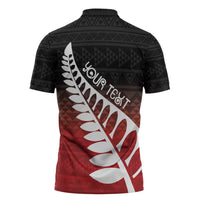 Red Silver Fern Spirit Taniko Tukutuku Personalised Zipper Polo Shirt - Polynesian Pride