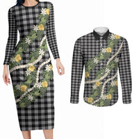 Aloha Puakenikeni Anthurium Pikake Lei Couples Matching Long Sleeve Bodycon Dress and Long Sleeve Button Shirt Black Hawaiian Palaka Pattern LT9 Black - Polynesian Pride
