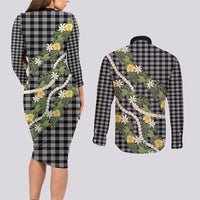 Aloha Puakenikeni Anthurium Pikake Lei Couples Matching Long Sleeve Bodycon Dress and Long Sleeve Button Shirt Black Hawaiian Palaka Pattern LT9 - Polynesian Pride