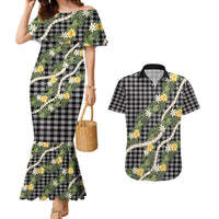 Aloha Puakenikeni Anthurium Pikake Lei Couples Matching Mermaid Dress and Hawaiian Shirt Black Hawaiian Palaka Pattern LT9 Black - Polynesian Pride