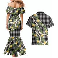 Aloha Puakenikeni Anthurium Pikake Lei Couples Matching Mermaid Dress and Hawaiian Shirt Black Hawaiian Palaka Pattern LT9 - Polynesian Pride