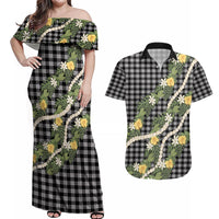 Aloha Puakenikeni Anthurium Pikake Lei Couples Matching Off Shoulder Maxi Dress and Hawaiian Shirt Black Hawaiian Palaka Pattern LT9 Black - Polynesian Pride