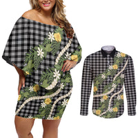Aloha Puakenikeni Anthurium Pikake Lei Couples Matching Off Shoulder Short Dress and Long Sleeve Button Shirt Black Hawaiian Palaka Pattern LT9 Black - Polynesian Pride