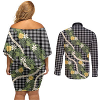 Aloha Puakenikeni Anthurium Pikake Lei Couples Matching Off Shoulder Short Dress and Long Sleeve Button Shirt Black Hawaiian Palaka Pattern LT9 - Polynesian Pride