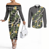 Aloha Puakenikeni Anthurium Pikake Lei Couples Matching Off The Shoulder Long Sleeve Dress and Long Sleeve Button Shirt Black Hawaiian Palaka Pattern LT9 Black - Polynesian Pride