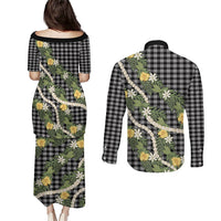 Aloha Puakenikeni Anthurium Pikake Lei Couples Matching Puletasi and Long Sleeve Button Shirt Black Hawaiian Palaka Pattern LT9 - Polynesian Pride