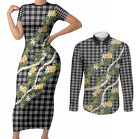 Aloha Puakenikeni Anthurium Pikake Lei Couples Matching Short Sleeve Bodycon Dress and Long Sleeve Button Shirt Black Hawaiian Palaka Pattern LT9 Black - Polynesian Pride