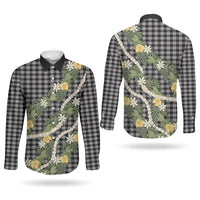 Aloha Puakenikeni Anthurium Pikake Lei Couples Matching Short Sleeve Bodycon Dress and Long Sleeve Button Shirt Black Hawaiian Palaka Pattern LT9 - Polynesian Pride