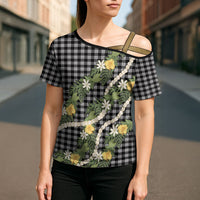 Aloha Puakenikeni Anthurium Pikake Lei Cross Shoulder Shirt Black Hawaiian Palaka Pattern LT9 - Polynesian Pride