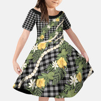 Aloha Puakenikeni Anthurium Pikake Lei Family Matching Off Shoulder Short Dress and Hawaiian Shirt Black Hawaiian Palaka Pattern LT9 Daughter's Dress Black - Polynesian Pride