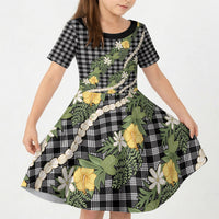 Aloha Puakenikeni Anthurium Pikake Lei Kid Short Sleeve Dress Black Hawaiian Palaka Pattern LT9 KID Black - Polynesian Pride