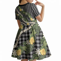 Aloha Puakenikeni Anthurium Pikake Lei Kid Short Sleeve Dress Black Hawaiian Palaka Pattern LT9 - Polynesian Pride