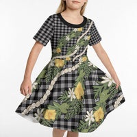 Aloha Puakenikeni Anthurium Pikake Lei Kid Short Sleeve Dress Black Hawaiian Palaka Pattern LT9 - Polynesian Pride