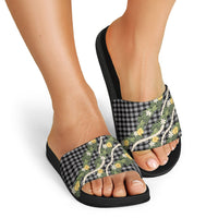 Aloha Puakenikeni Anthurium Pikake Lei Slide Sandals Black Hawaiian Palaka Pattern LT9 - Polynesian Pride