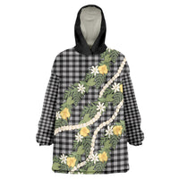 Aloha Puakenikeni Anthurium Pikake Lei Wearable Blanket Hoodie Black Hawaiian Palaka Pattern