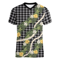 Aloha Puakenikeni Anthurium Pikake Lei Women V-Neck T-Shirt Black Hawaiian Palaka Pattern