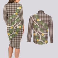 Aloha Puakenikeni Anthurium Pikake Lei Couples Matching Long Sleeve Bodycon Dress and Long Sleeve Button Shirt Chocolate Hawaiian Palaka Pattern