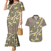 Aloha Puakenikeni Anthurium Pikake Lei Couples Matching Mermaid Dress and Hawaiian Shirt Chocolate Hawaiian Palaka Pattern LT9 Chocolate - Polynesian Pride