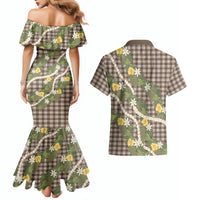 Aloha Puakenikeni Anthurium Pikake Lei Couples Matching Mermaid Dress and Hawaiian Shirt Chocolate Hawaiian Palaka Pattern LT9 - Polynesian Pride