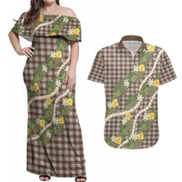 Aloha Puakenikeni Anthurium Pikake Lei Couples Matching Off Shoulder Maxi Dress and Hawaiian Shirt Chocolate Hawaiian Palaka Pattern LT9 Chocolate - Polynesian Pride