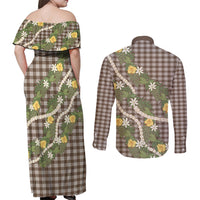 Aloha Puakenikeni Anthurium Pikake Lei Couples Matching Off Shoulder Maxi Dress and Long Sleeve Button Shirt Chocolate Hawaiian Palaka Pattern LT9 - Polynesian Pride