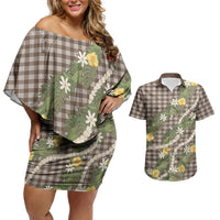 Aloha Puakenikeni Anthurium Pikake Lei Couples Matching Off Shoulder Short Dress and Hawaiian Shirt Chocolate Hawaiian Palaka Pattern LT9 Chocolate - Polynesian Pride