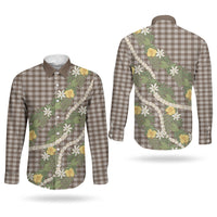 Aloha Puakenikeni Anthurium Pikake Lei Couples Matching Off The Shoulder Long Sleeve Dress and Long Sleeve Button Shirt Chocolate Hawaiian Palaka Pattern LT9 - Polynesian Pride