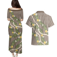 Aloha Puakenikeni Anthurium Pikake Lei Couples Matching Puletasi and Hawaiian Shirt Chocolate Hawaiian Palaka Pattern LT9 - Polynesian Pride