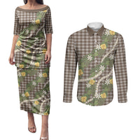 Aloha Puakenikeni Anthurium Pikake Lei Couples Matching Puletasi and Long Sleeve Button Shirt Chocolate Hawaiian Palaka Pattern LT9 Chocolate - Polynesian Pride