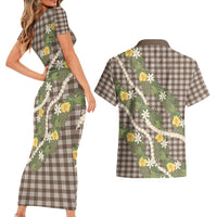 Aloha Puakenikeni Anthurium Pikake Lei Couples Matching Short Sleeve Bodycon Dress and Hawaiian Shirt Chocolate Hawaiian Palaka Pattern LT9 - Polynesian Pride